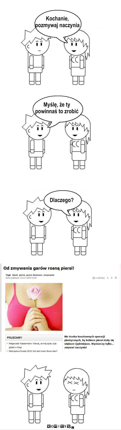 Zmywanie naczyń – Kochanie,
pozmywaj naczynia Myślę, że ty 
powinnaś to zrobić Dlaczego? 