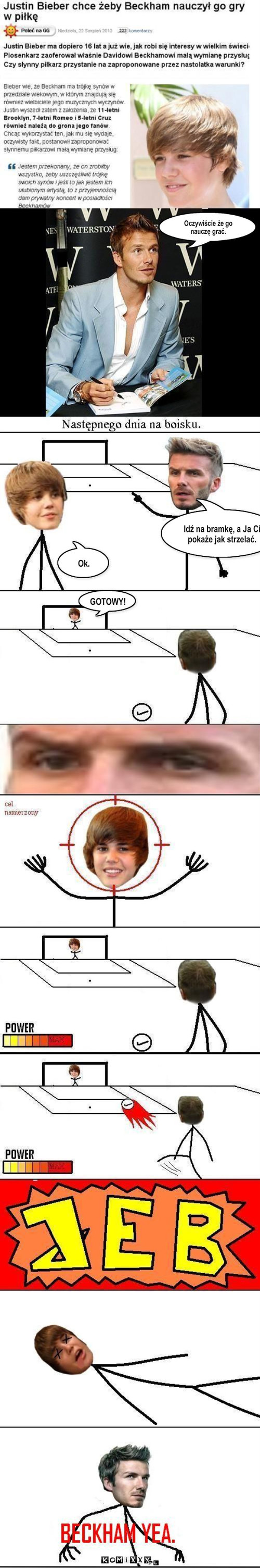 Bieber i Beckham – Oczywiście że go nauczę grać. Idź na bramkę, a Ja Ci pokaże jak strzelać. Ok. GOTOWY! 