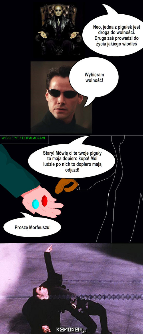 Morfeusz – Wybieram wolność! Stary! Mówię ci te twoje piguły to maja dopiero kopa! Moi ludzie po nich to dopiero mają odjazd! Proszę Morfeuszu! Neo, jedna z pigułek jest drogą do wolności. Druga zaś prowadzi do życia jakiego wiodłeś 