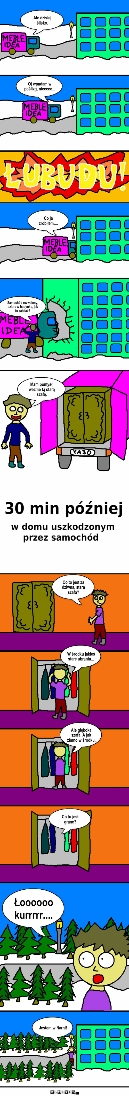 Stara szafa może uratować życie – Ale dzisiaj ślisko. Oj wpadam w poślizg, nieeeee... Co ja zrobiłem.... Samochód rozwalony, dziura w budynku, jak to załatać? Mam pomysł, wezme tą starą szafę. Co to jest za dziwna, stara szafa? W środku jakieś stare ubrania... Ale głęboka szafa. A jak zimno w środku. Co tu jest grane? Jestem w Narni! Łoooooo kurrrrr.... 