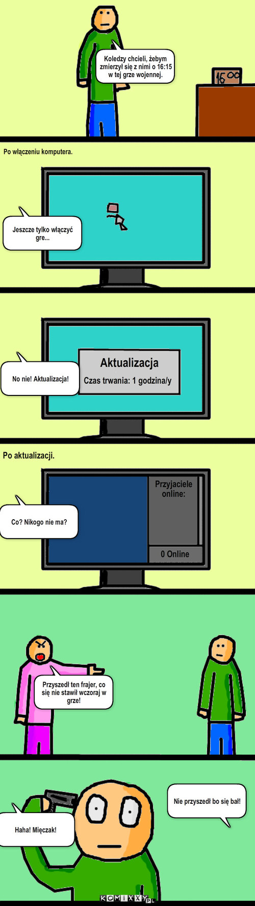 Aktualizacja – Koledzy chcieli, żebym zmierzył się z nimi o 16:15  w tej grze wojennej. Po włączeniu komputera. Aktualizacja No nie! Aktualizacja! Jeszcze tylko włączyć gre... 0 Online Przyjaciele
online: Co? Nikogo nie ma? Po aktualizacji. Przyszedł ten frajer, co się nie stawił wczoraj w grze! Haha! Mięczak! Nie przyszedł bo się bał! Czas trwania: 1 godzina/y 