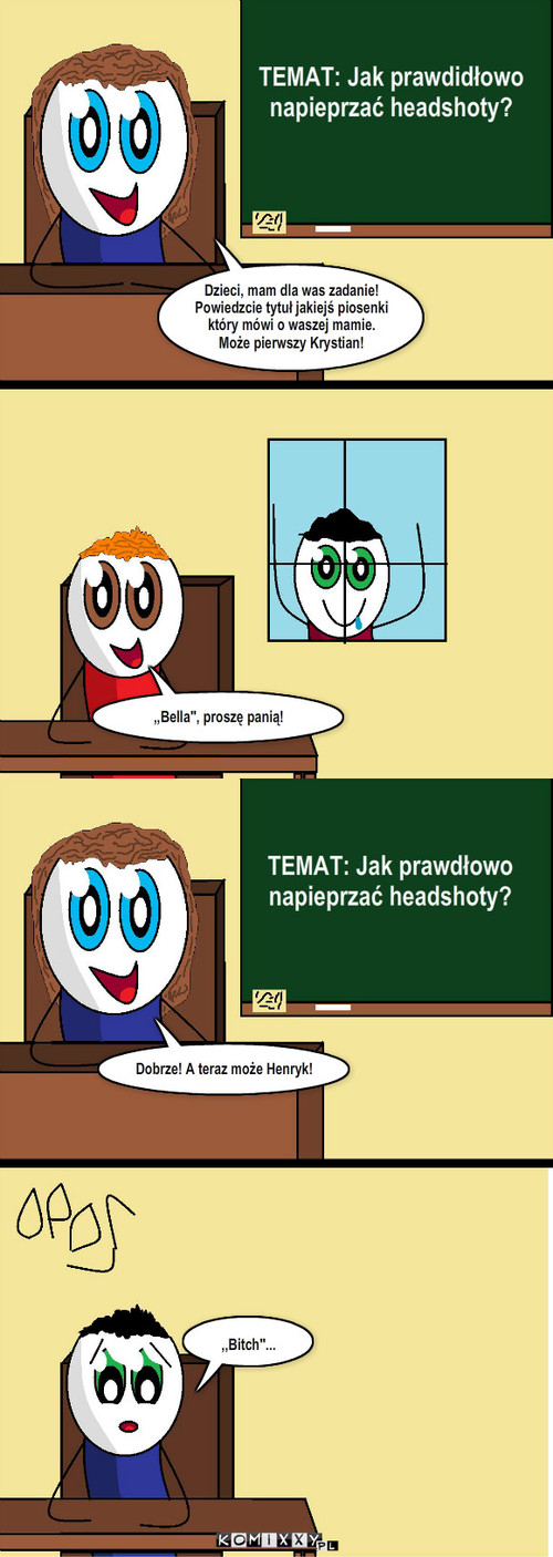 Matka – Dzieci, mam dla was zadanie! Powiedzcie tytuł jakiejś piosenki który mówi o waszej mamie. Może pierwszy Krystian! TEMAT: Jak prawdidłowo napieprzać headshoty? ,,Bella