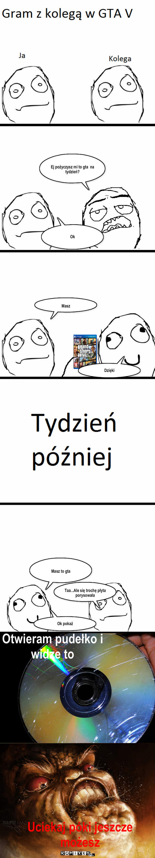 Płyta – Ok Dzięki Masz to gta Taa...Ale się trochę płyta porysowała Ok pokaż Otwieram pudełko i widze to Uciekaj póki jeszcze możesz Ej pożyczysz mi to gta  na tydzień? Masz 