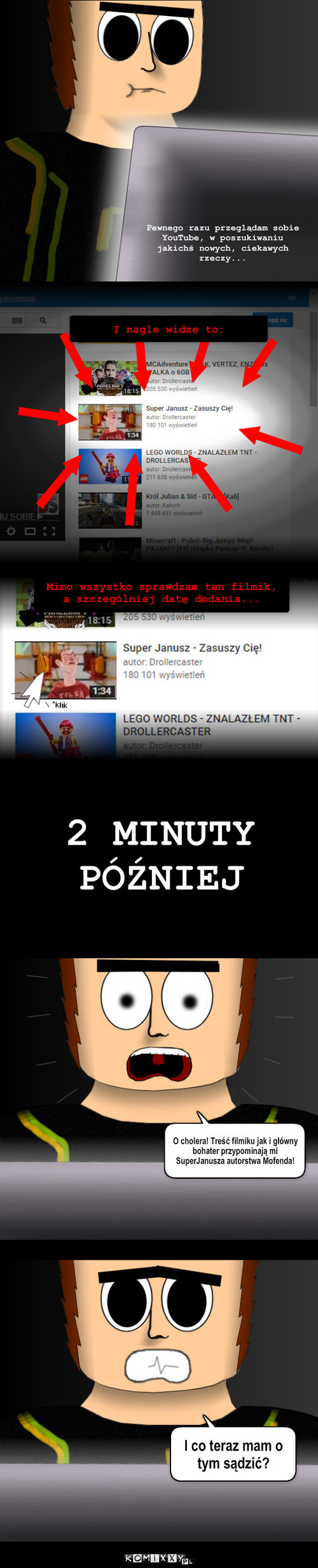 Plagiat? – Mimo wszystko sprawdzam ten filmik, a szczególniej datę dodania... 2 MINUTY PÓŹNIEJ I co teraz mam o tym sądzić? Pewnego razu przeglądam sobie YouTube, w poszukiwaniu jakichś nowych, ciekawych rzeczy... I nagle widzę to: O cholera! Treść filmiku jak i główny bohater przypominają mi SuperJanusza autorstwa Mofenda! 