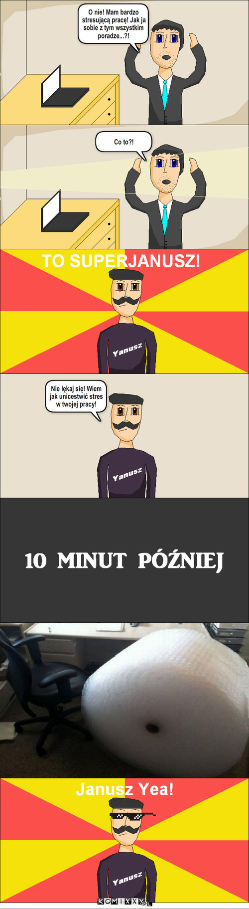 SuperJanusz Cz. 28 – O nie! Mam bardzo stresującą pracę! Jak ja sobie z tym wszystkim poradze...?! Co to?! Nie lękaj się! Wiem jak unicestwić stres w twojej pracy! 