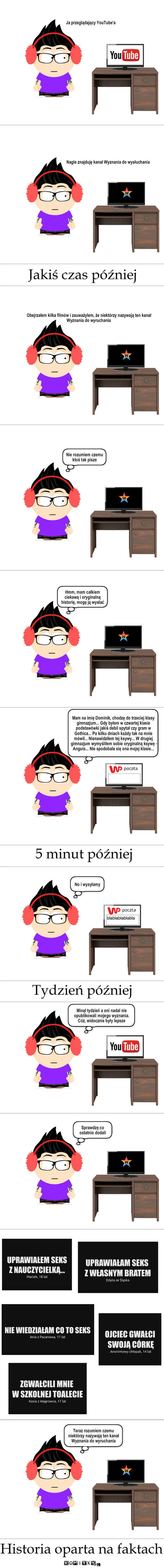 Życie Anguisa - odcinek 50 – Ja przeglądający YouTube'a Obejrzałem kilka filmów i zauważyłem, że niektórzy nazywają ten kanał Wyznania do wyruchania Nie rozumiem czemu ktoś tak pisze Hmm, mam całkiem ciekawą i oryginalną historię, mogę ją wysłać Mam na imię Dominik, chodzę do trzeciej klasy gimnazjum... Gdy byłem w czwartej klasie podstawówki jakiś debil spytał czy gram w Gothica... Po kilku dniach każdy tak na mnie mówił... Nienawidziłem tej ksywy... W drugiej gimnazjum wymyśliłem sobie oryginalną ksywę - Anguis... Nie spodobała się ona mojej klasie... No i wysyłamy Minął tydzień a oni nadal nie opublikowali mojego wyznania. Cóż, widocznie były lepsze Sprawdzę co ostatnio dodali Teraz rozumiem czemu niektórzy nazywają ten kanał Wyznania do wyruchania Nagle znajduję kanał Wyznania do wysłuchania 