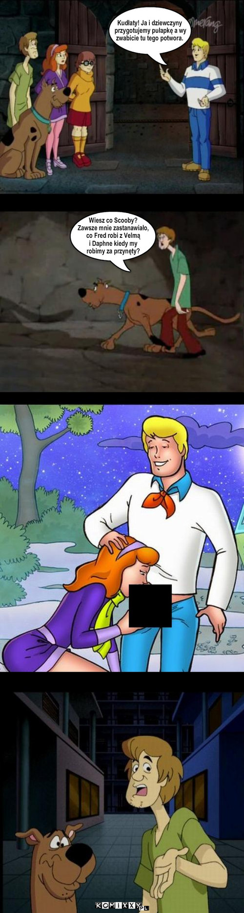 Kolejna zagadka Scooby'ego rozwi?zana... – Kudłaty! Ja i dziewczyny
 przygotujemy pułapkę a wy
zwabicie tu tego potwora. Wiesz co Scooby? 
Zawsze mnie zastanawiało,
co Fred robi z Velmą 
i Daphne kiedy my 
robimy za przynęty? 