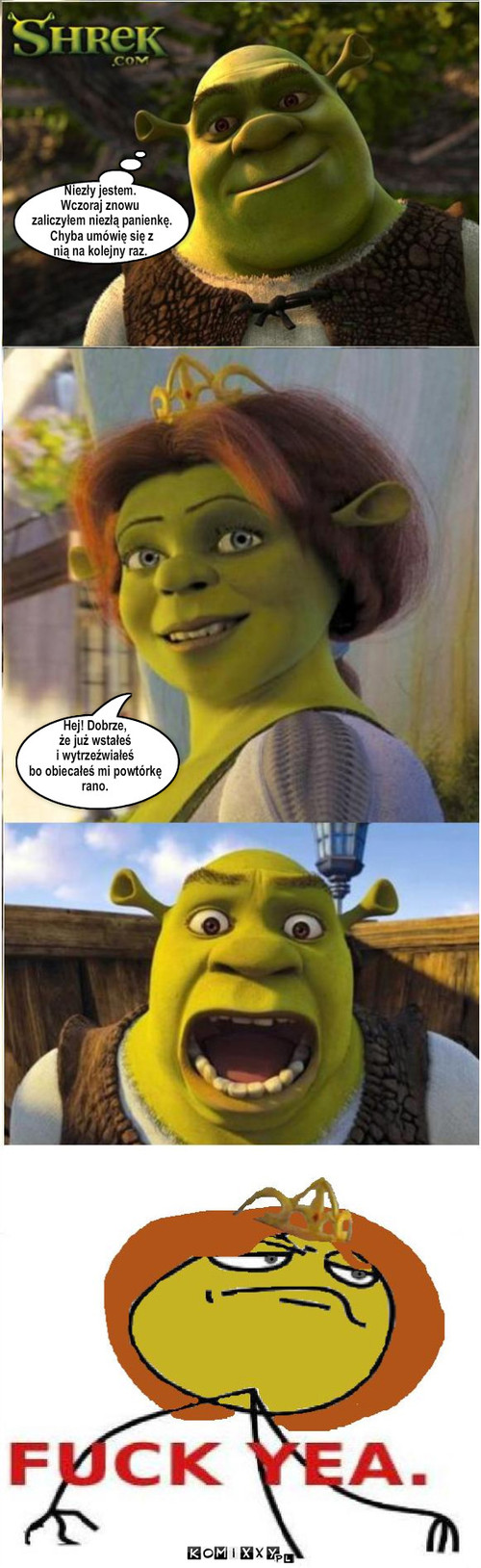 Shrek casanova – Niezły jestem. 
Wczoraj znowu
 zaliczyłem niezłą panienkę. 
 Chyba umówię się z
nią na kolejny raz. Hej! Dobrze, 
że już wstałeś 
i wytrzeźwiałeś 
bo obiecałeś mi powtórkę 
rano. 