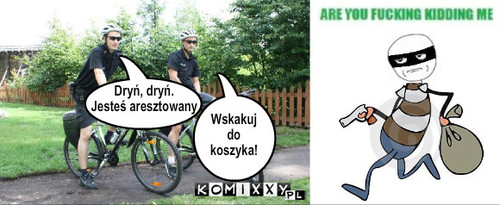 Policjanci na rowerach – Dryń, dryń. 
Jesteś aresztowany Wskakuj 
do 
koszyka! 