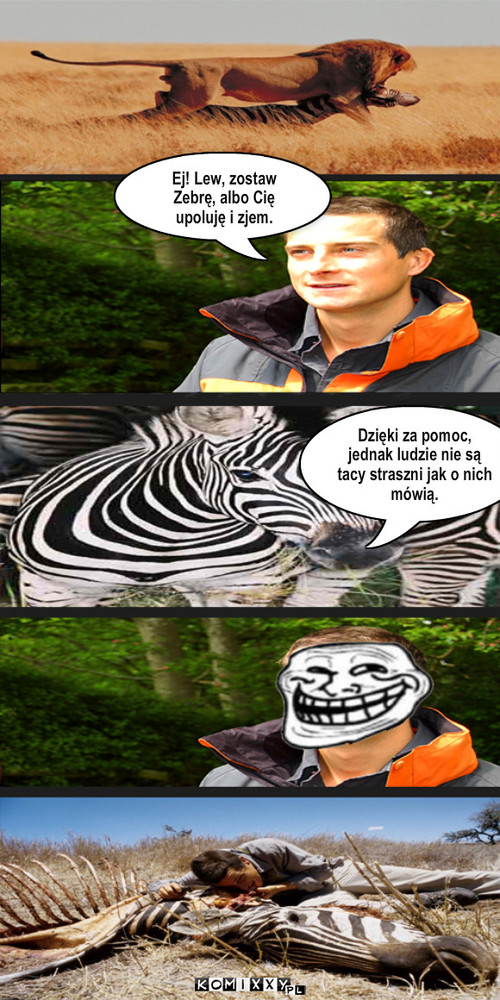 Bear Grylls i Zebra – Ej! Lew, zostaw Zebrę, albo Cię upoluję i zjem. Dzięki za pomoc, jednak ludzie nie są tacy straszni jak o nich mówią. 