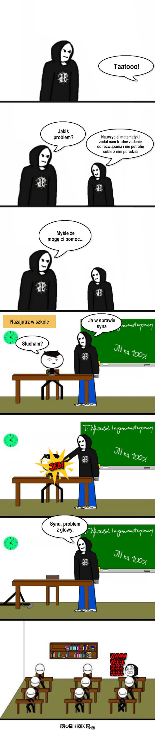 Tato, mam problem... – Taatooo! Nauczyciel matematyki
zadał nam trudne zadanie 
do rozwiązania i nie potrafię 
sobie z nim poradzić Jakiś
problem? Myśle że
mogę ci pomóc... Nazajutrz w szkole Słucham? Ja w sprawie
syna Synu, problem
z głowy. 