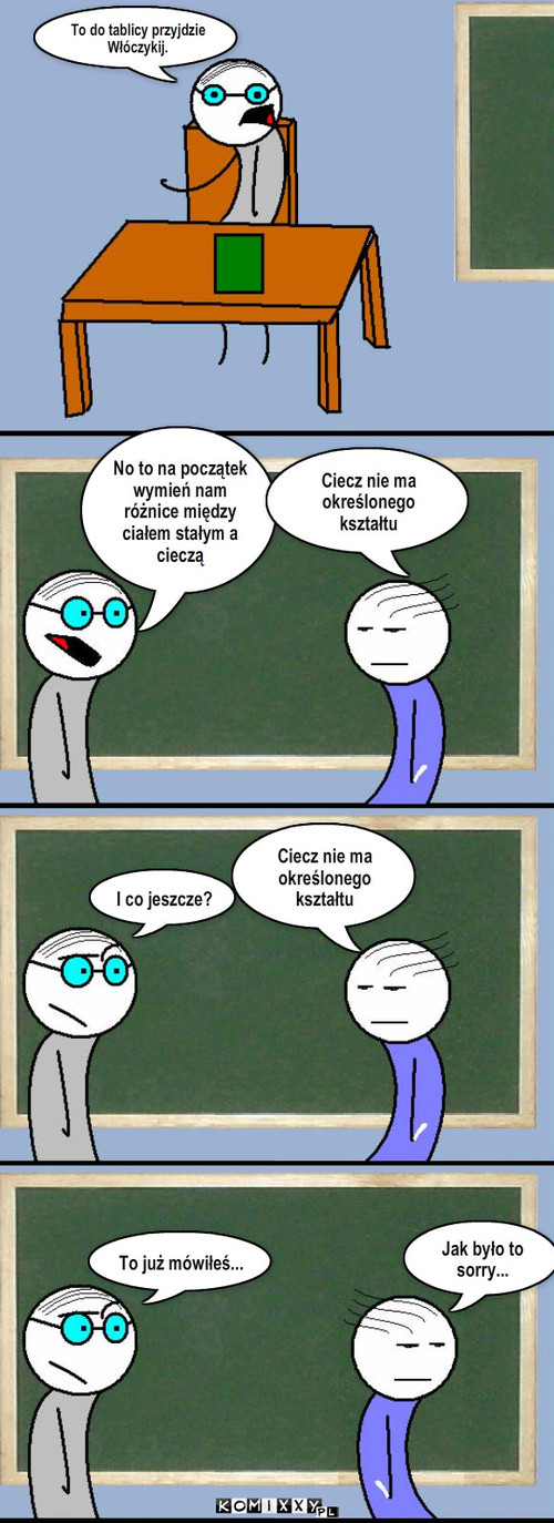 To już mówiłeś – I co jeszcze? Ciecz nie ma określonego kształtu No to na początek wymień nam różnice między ciałem stałym a cieczą Ciecz nie ma określonego kształtu To już mówiłeś... Jak było to sorry... To do tablicy przyjdzie Włóczykij. 