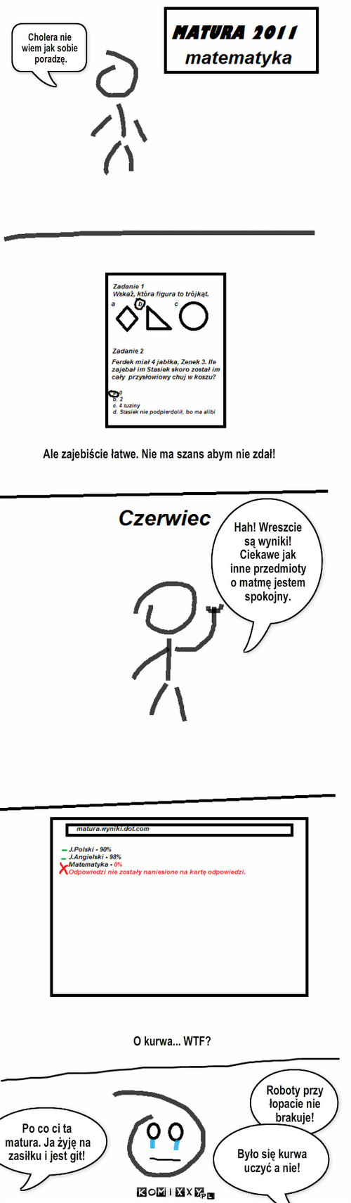 Bo matura ważna sprawa! – Cholera nie wiem jak sobie
 poradzę. Ale zajebiście łatwe. Nie ma szans abym nie zdał! Hah! Wreszcie są wyniki! Ciekawe jak inne przedmioty o matmę jestem spokojny. O kurwa... WTF? Roboty przy łopacie nie brakuje! Po co ci ta matura. Ja żyję na zasiłku i jest git! Było się kurwa uczyć a nie! 