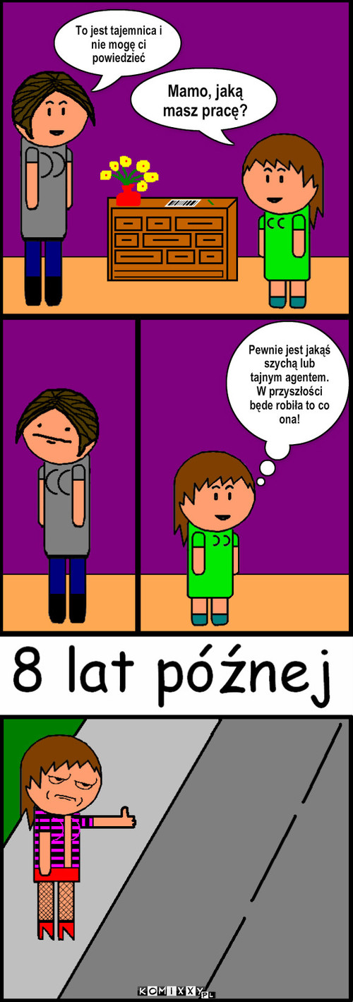 Praca – To jest tajemnica i nie mogę ci powiedzieć Mamo, jaką masz pracę? Pewnie jest jakąś szychą lub tajnym agentem. W przyszłości będe robiła to co ona! 