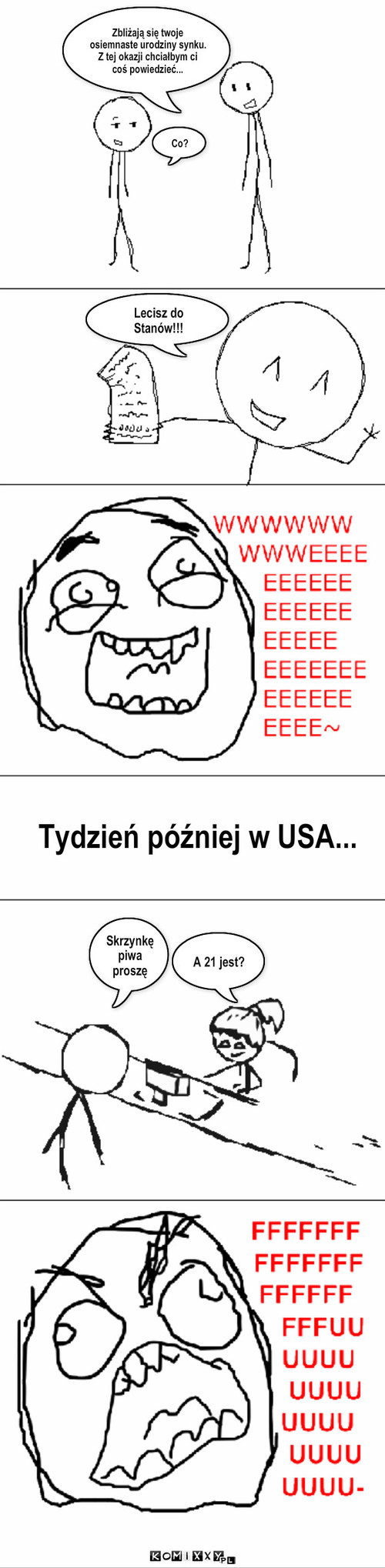 A 21 jest? – Lecisz do Stanów!!! Tydzień później w USA... Skrzynkę piwa proszę A 21 jest? Co? Zbliżają się twoje osiemnaste urodziny synku.
Z tej okazji chciałbym ci coś powiedzieć... 