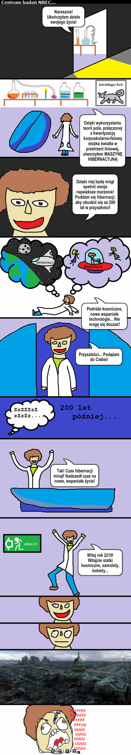 Naukowiec-marzyciel – Nareszcie! Ukończyłem dzieło swojego życia! Dzięki wykorzystaniu teorii pola, połączonej z kwantyzacją korpuskularno-falową stożka światła w przetrzeni liniowej, utworzyłem MASZYNĘ HIBERNACYJNĄ Dzięki niej będę mógł spełnić swoje największe marzenie! Poddam się hibernacji, aby obudzić się za 200 lat w przyszłości! Podróże kosmiczne, nowe wspaniałe technologie... Nie mogę się doczać! Przyszłości... Podążam do Ciebie! Witaj rok 2210! Witajcie statki kosmiczne, samoloty, kobiety... Tak! Czas hibernacji minął! Nadszedł czas na nowe, wspaniałe życie! 