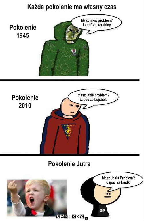 Pokolenia – Każde pokolenie ma własny czas Pokolenie
1945 Pokolenie 
2010 Pokolenie Jutra Masz jakiś problem?
Łapać za bejsbola Masz Jakiś Problem?
Łapać za kredki Masz jakiś problem?
Łapać za karabiny 