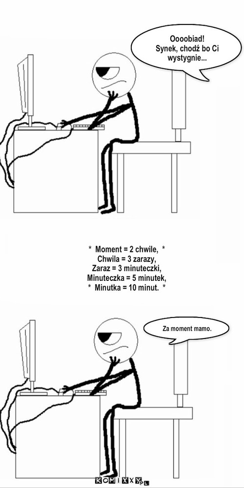 Moment – Oooobiad!
Synek, chodź bo Ci wystygnie... *  Moment = 2 chwile,  *
Chwila = 3 zarazy,
Zaraz = 3 minuteczki,
Minuteczka = 5 minutek,
*  Minutka = 10 minut.  * Za moment mamo. 