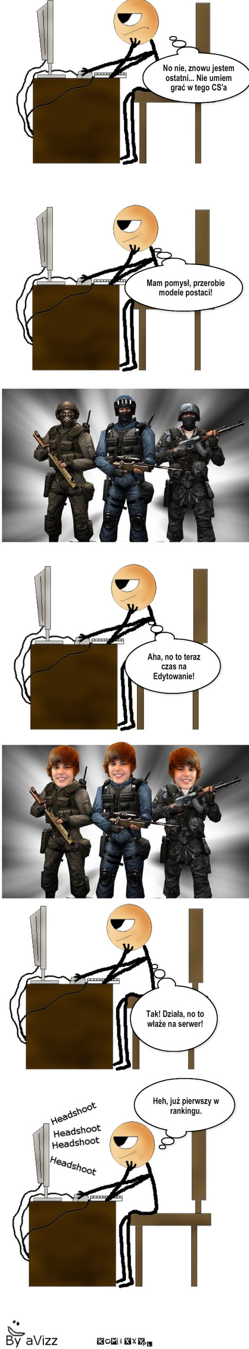 Counter-Strike 1.6 i Bieber – No nie, znowu jestem ostatni... Nie umiem grać w tego CS'a Mam pomysł, przerobie modele postaci! Aha, no to teraz czas na Edytowanie! Tak! Działa, no to właże na serwer! Heh, już pierwszy w rankingu. 