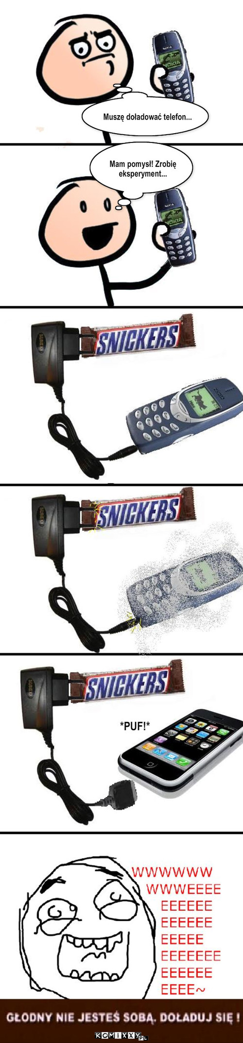 Snickers i ładowarka – Muszę doładować telefon... Mam pomysł! Zrobię eksperyment... *PUF!* 