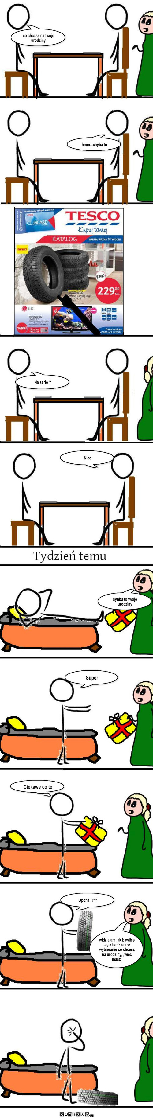 urodzinowy ,,prezent'' – co chcesz na twoje urodziny hmm...chyba to Na serio ? Niee synku to twoje urodziny Super Ciekawe co to Opona!!!?? widziałam jak bawiłes się z tomkiem w wybieranie co chcesz na urodziny, ,wiec masz. 