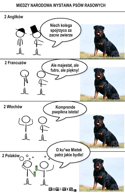 Psy – MIEDZY NARODOWA WYSTAWA PSÓW RASOWYCH 2 Anglików Niech kolega spojrzyco za zacne zwierze Ale majestat, ale futro, ale piękny! 2 Francuzów 2 Włochów 2 Polaków Komprende psepikna istota! O ku*wa Mietek patrz jakie bydle! 