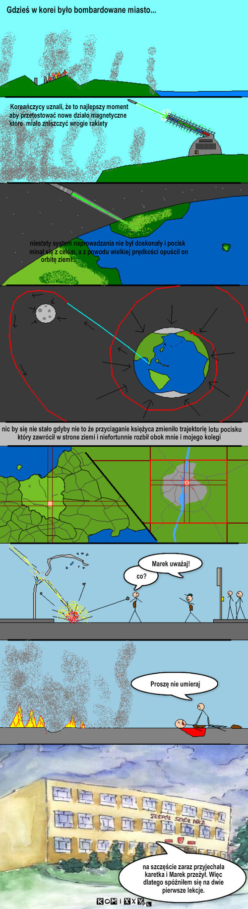 szkolne historie – Gdzieś w korei było bombardowane miasto... Koreańczycy uznali, że to najlepszy moment aby przetestować nowe działo magnetyczne które  miało zniszczyć wrogie rakiety niestety system naprowadzania nie był doskonały i pocisk minął się z celem, a z powodu wielkiej prędkości opuścił on orbitę ziemi... nic by się nie stało gdyby nie to że przyciąganie księżyca zmieniło trajektorię lotu pocisku który zawrócił w strone ziemi i niefortunnie rozbił obok mnie i mojego kolegi co? Marek uważaj! Proszę nie umieraj na szczęście zaraz przyjechała karetka i Marek przeżył. Więc dlatego spóźniłem się na dwie pierwsze lekcje. 