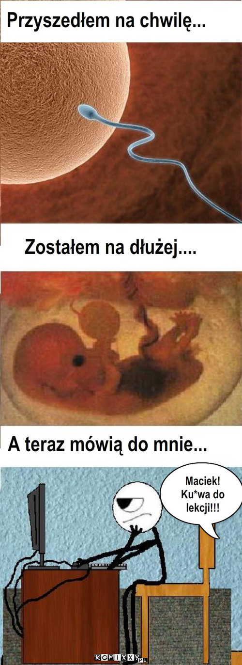 Prawdziwa historia  – Zostałem na dłużej.... Maciek! Ku*wa do lekcji!!! Przyszedłem na chwilę... A teraz mówią do mnie... 