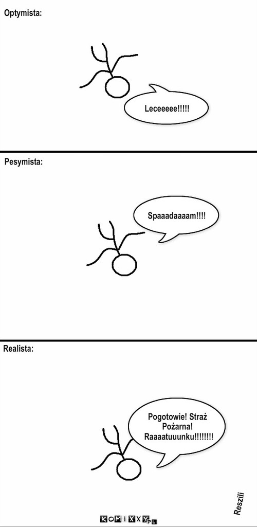 Spadam – Leceeeee!!!!! Optymista: ResziIi Spaaadaaaam!!!! Realista: Pesymista: Pogotowie! Straż  Pożarna! Raaaatuuunku!!!!!!!! 