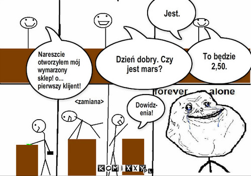 Sklepik – Nareszcie otworzyłem mój wymarzony sklep! o... pierwszy klijent! To będzie 2,50. <zamiana> Jest. Dzień dobry. Czy jest mars? Dowidz-enia! 