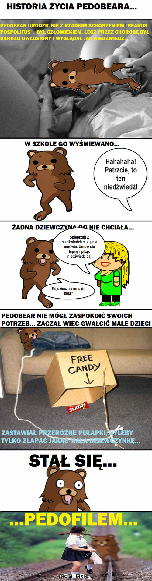 Historia życia Pedobeara – Hahahaha! Patrzcie, to ten niedźwiedź! Pójdziesz ze mną do kina? Spieprzaj! Z niedźwiedziem się nie umówię. Umów się lepiej z jakąś niedźwiedzicą! 