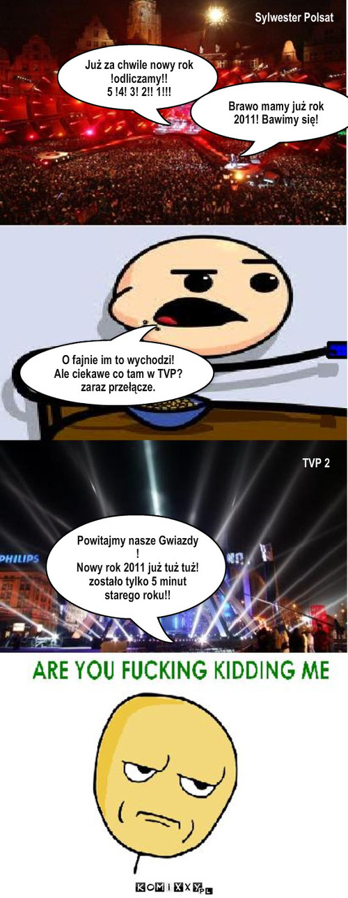 Kapsuła czasu  – Już za chwile nowy rok !odliczamy!!
5 !4! 3! 2!! 1!!! Brawo mamy już rok 2011! Bawimy się! O fajnie im to wychodzi!
Ale ciekawe co tam w TVP?
zaraz przełącze. Powitajmy nasze Gwiazdy !
Nowy rok 2011 już tuż tuż!
zostało tylko 5 minut starego roku!! TVP 2 Sylwester Polsat 