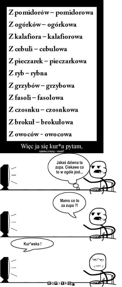 Nowa zupa  – Mamo co to za zupa ?! Jakaś dziwna ta zupa. Ciekawe co to w ogóle jest... Kur*wska ! 