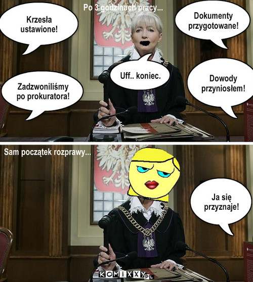 rozprawa – Krzesła ustawione! Zadzwoniliśmy po prokuratora! Dokumenty przygotowane! Po 3 godzinach pracy... Dowody przyniosłem! Sam początek rozprawy... Ja się przyznaje! Uff.. koniec. 