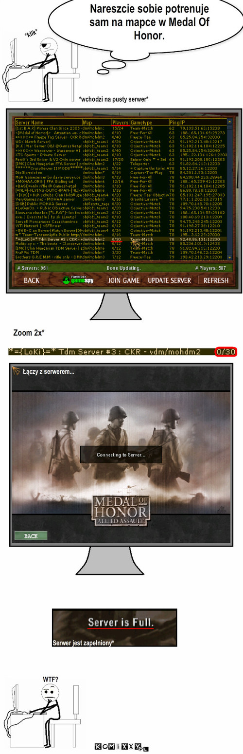 Medal Of Honor Allied Assault Multiplayer © – Nareszcie sobie potrenuje sam na mapce w Medal Of Honor. *wchodzi na pusty serwer* *klik* Zoom 2x* Łączy z serwerem... Serwer jest zapełniony* WTF? 