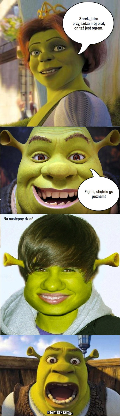 Brat Fiony – Shrek, jutro przyjeżdza mój brat, on też jest ogrem. Fajnie, chętnie go poznam! Na następny dzień 