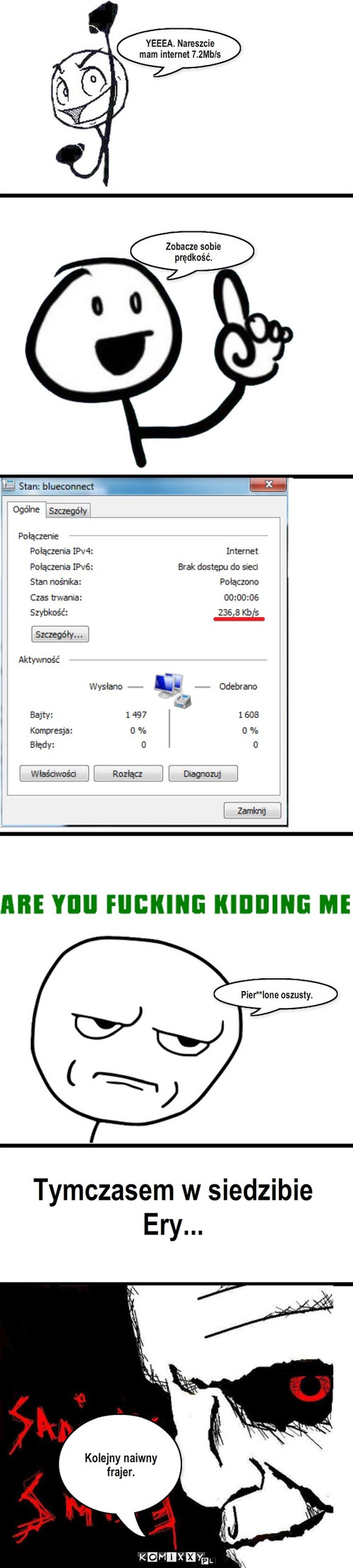 Blueconnect – YEEEA. Nareszcie mam internet 7.2Mb/s Zobacze sobie prędkość. Pier**lone oszusty. Tymczasem w siedzibie Ery... Kolejny naiwny frajer. 