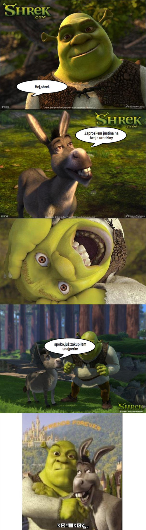 Shrek – Hej,shrek Zaprosiłem justina na twoje urodziny spoko,już zakupiłem snajperke 