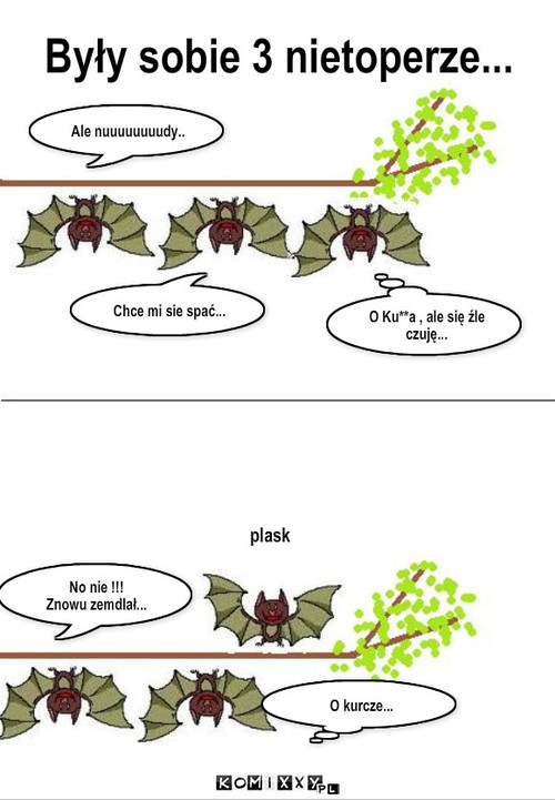 Mdlenie nietoperza : – Były sobie 3 nietoperze... Ale nuuuuuuuudy.. Chce mi sie spać... O Ku**a , ale się źle czuję... O kurcze... plask No nie !!!
Znowu zemdlał... 