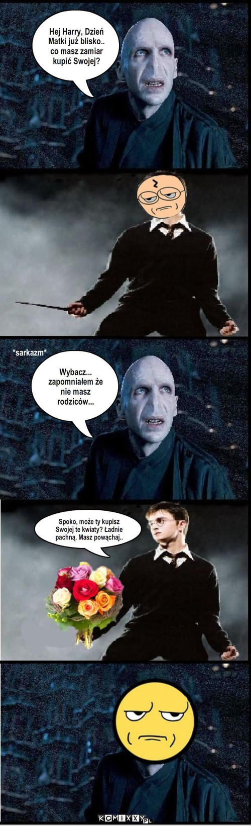 Harry i Voldemort – *sarkazm* Wybacz... zapomniałem że nie masz rodziców... Hej Harry, Dzień Matki już blisko.. co masz zamiar kupić Swojej? Spoko, może ty kupisz Swojej te kwiaty? Ładnie pachną. Masz powąchaj.. 