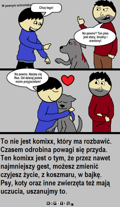 Ważne – Chcę tego! Na pewno? Ten pies jest stary, brudny i zraniony! W pewnym schronisku Na pewno. Nazwę cię Rex. Od dzisiaj jesteś moim przyjacielem! 