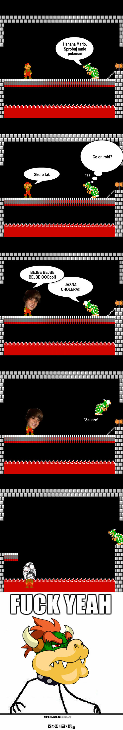 Bowser VS Justin Bieber – JASNA CHOLERA!! Co on robi? BEJBE BEJBE BEJBE OOOoo!! *Skacze* Skoro tak Hahaha Mario. Spróbuj mnie pokonać 