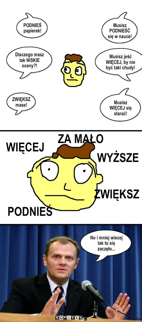 Trauma – PODNIEŚpapierek! Musisz PODNIEŚĆ się w nauce! ZWIĘKSZ mase! Musisz WIĘCEJ się starać! Dlaczego masz tak NISKIE oceny?! Musisz jeść WIĘCEJ, by nie być taki chudy! WYŻSZE PODNIEŚ WIĘCEJ ZWIĘKSZ ZA MAŁO No i mniej wiecej tak to się zaczęło... 