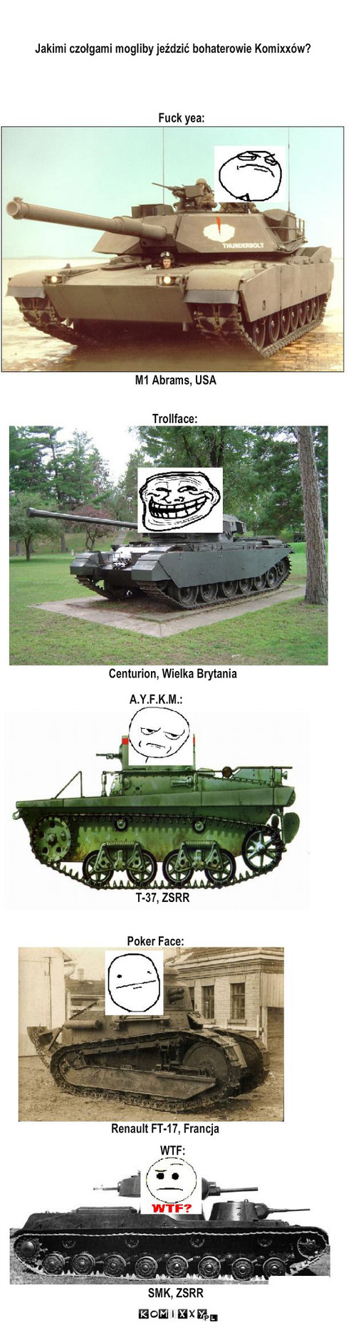 Czołgi – Jakimi czołgami mogliby jeździć bohaterowie Komixxów? M1 Abrams, USA Trollface: Fuck yea: Centurion, Wielka Brytania A.Y.F.K.M.: Renault FT-17, Francja T-37, ZSRR Poker Face: WTF: SMK, ZSRR 