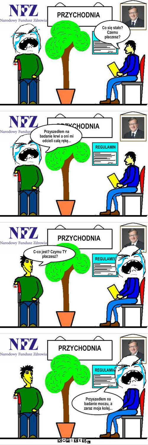 Badania – Regulamin PRZYCHODNIA Co się stało? Czemu płaczesz? PRZYCHODNIA REGULAMIN PRZYCHODNIA REGULAMIN REGULAMIN PRZYCHODNIA C-co jest? Czymu TY płaczesz? Przyszedłem na badanie moczu, a zaraz moja kolej... Przyszedłem na badanie krwi a oni mi odcieli całą rękę... 