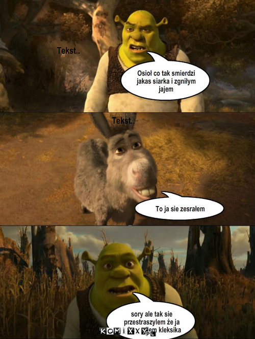 Shrek – Tekst.. Tekst.. Osioł co tak smierdzi jakas siarka i zgniłym jajem To ja sie zesrałem sory ale tak sie przestraszylem że ja też pusciłem kleksika 