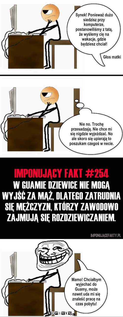 Guama – Synek! Ponieważ dużo siedzisz przy komputerze, postanowiliśmy z tatą, że wyślemy cię na wakacje, gdzie będziesz chciał! Głos matki Nie no. Trochę przesadzają. Nie chce mi się nigdzie wyjeżdzać. No ale skoro się upierają to poszukam czegoś w necie. Mamo! Chciałbym wyjechać do Guamy, może nawet uda mi się znaleść pracę na czas pobytu! 