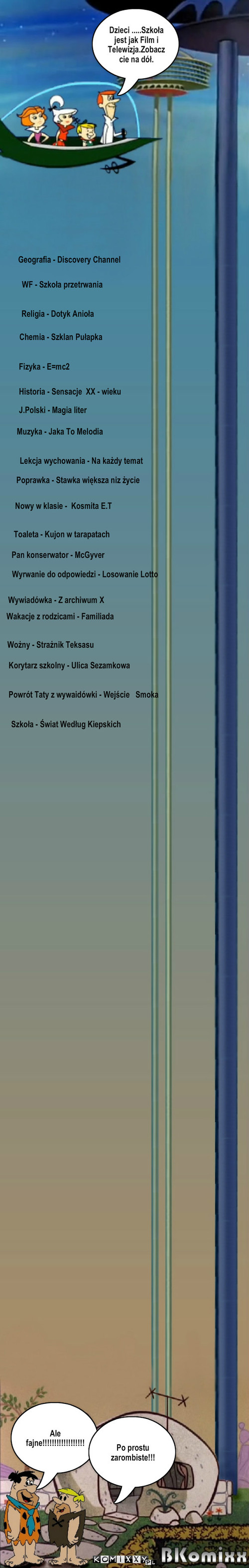 Szkoła Film i Tv – Dzieci .....Szkoła jest jak Film i Telewizja.Zobaczcie na dół. Geografia - Discovery Channel WF - Szkoła przetrwania Religia - Dotyk Anioła Chemia - Szklan Pułapka Fizyka - E=mc2 Historia - Sensacje  XX - wieku J.Polski - Magia liter Muzyka - Jaka To Melodia Lekcja wychowania - Na każdy temat Poprawka - Stawka większa niz życie Nowy w klasie -  Kosmita E.T Pan konserwator - McGyver Wyrwanie do odpowiedzi - Losowanie Lotto Wywiadówka - Z archiwum X Wakacje z rodzicami - Familiada Wożny - Strażnik Teksasu Korytarz szkolny - Ulica Sezamkowa Powrót Taty z wywaidówki - Wejście   Smoka Szkoła - Świat Według Kiepskich Toaleta - Kujon w tarapatach Ale fajne!!!!!!!!!!!!!!!!!! Po prostu zarombiste!!! 
