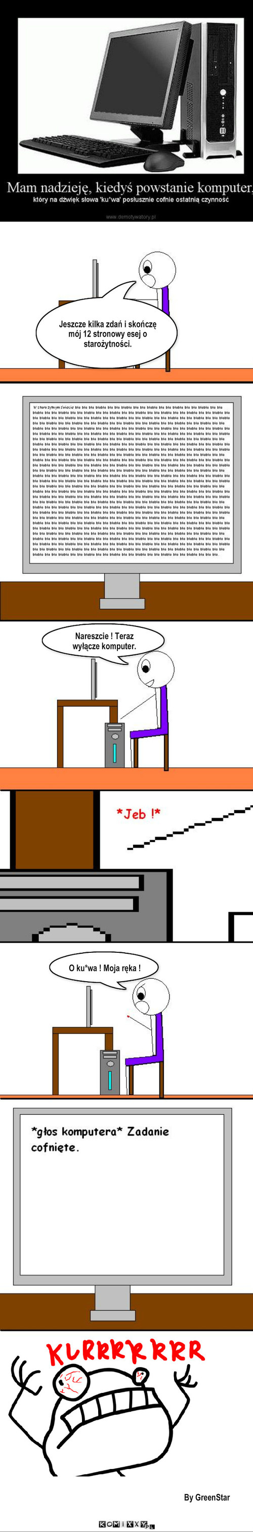 Komputer – Jeszcze kilka zdań i skończę mój 12 stronowy esej o starożytności. Nareszcie ! Teraz  wyłącze komputer. O ku*wa ! Moja ręka ! By GreenStar 