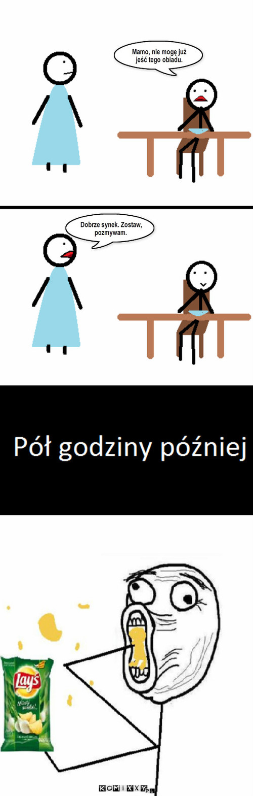 Obiad – Dobrze synek. Zostaw, pozmywam. Mamo, nie mogę już jeść tego obiadu. 